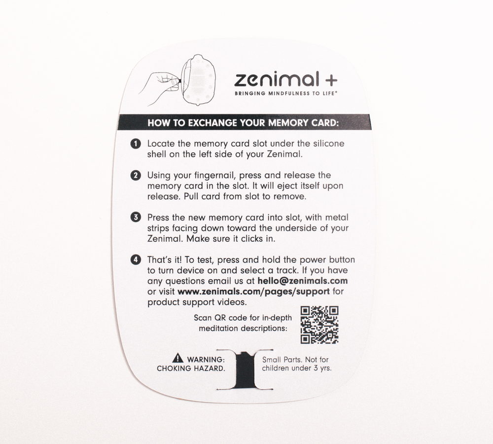 
            
                Load image into Gallery viewer, Mama Meditation Card by Lisa Abramson for moms to practice and learn mindfulness and meditation to helps moms reduce stress and build resilience.  Back of card with instructions on how to use with Zenimal meditation device.
            
        