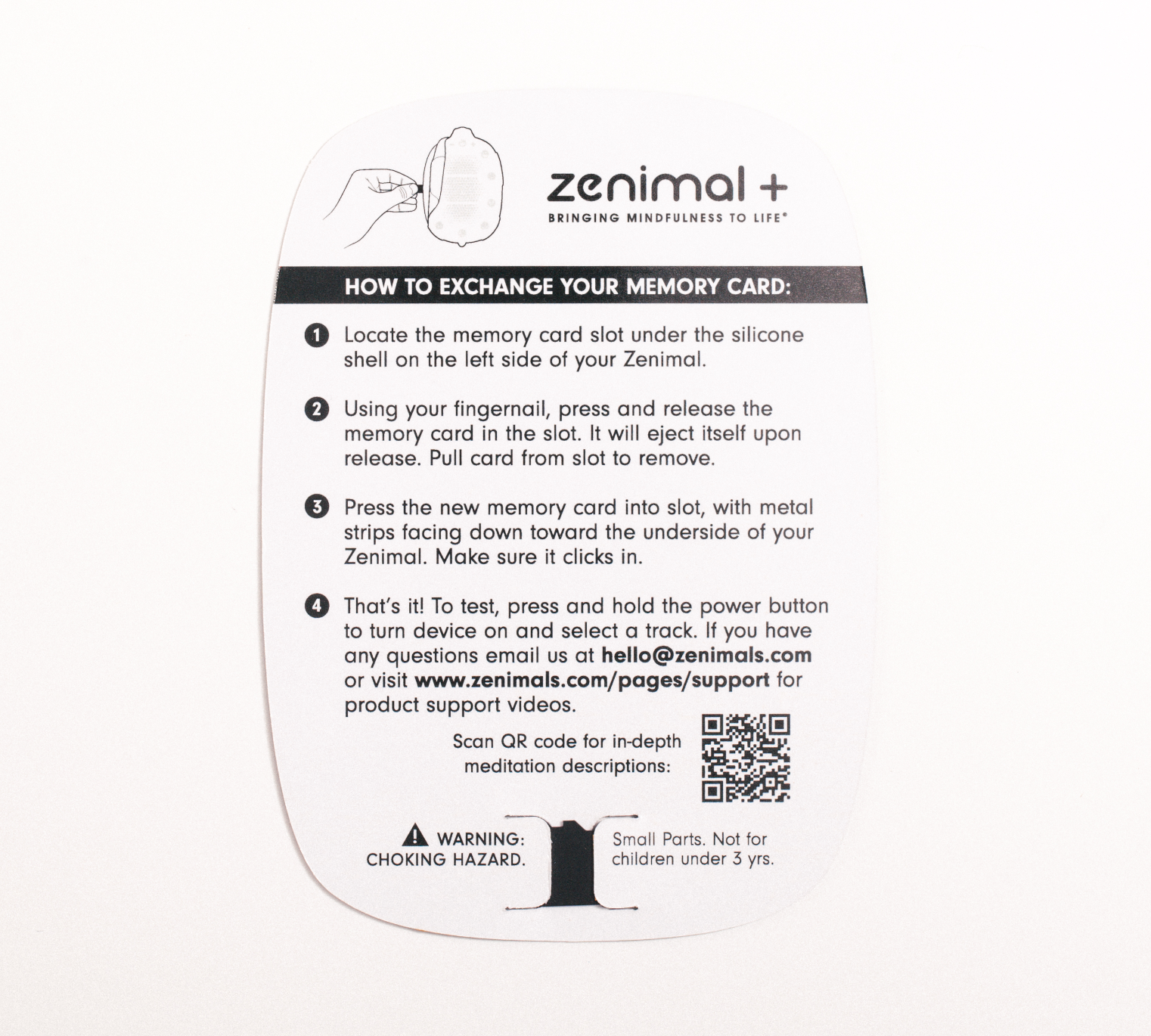 Mama Meditation Card by Lisa Abramson for moms to practice and learn mindfulness and meditation to helps moms reduce stress and build resilience.  Back of card with instructions on how to use with Zenimal meditation device.