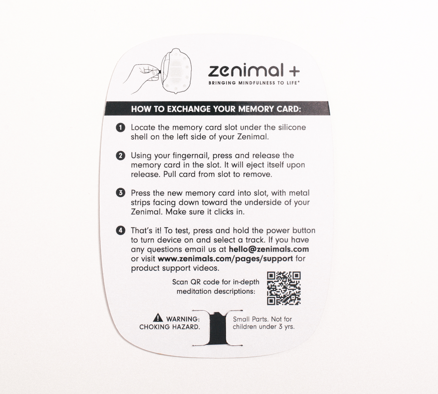 Mama Meditation Card by Lisa Abramson for moms to practice and learn mindfulness and meditation to helps moms reduce stress and build resilience.  Back of card with instructions on how to use with Zenimal meditation device.