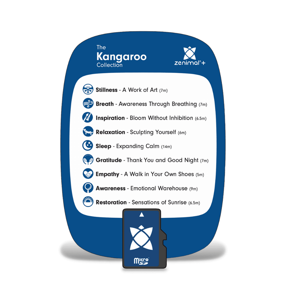 The Kangaroo Collection card for Zenimal+ in navy with a micro SD card, listing nine meditations such as A Work of Art, Bloom Without Inhibition and Expanding Calm (14m)