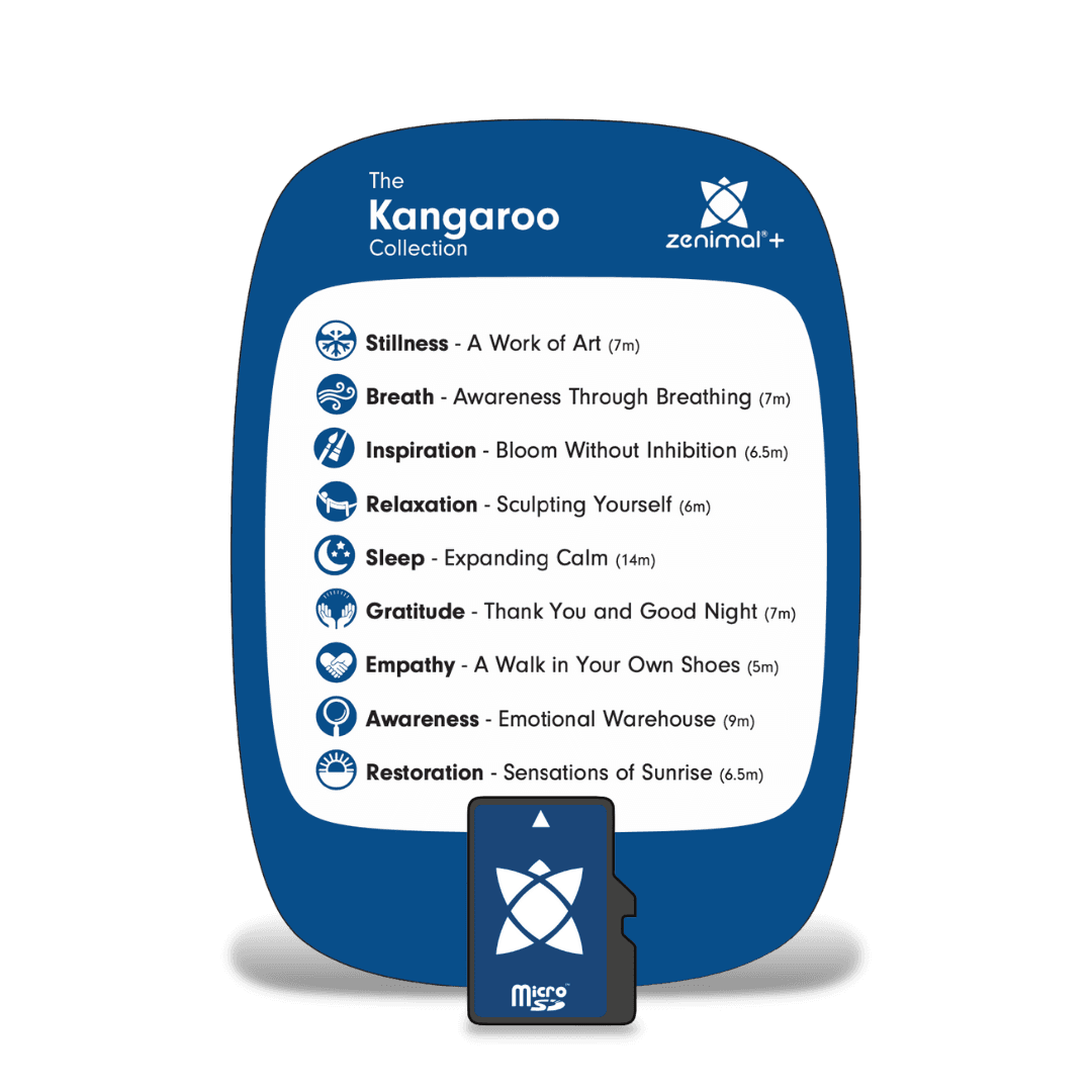 The Kangaroo Collection card for Zenimal+ in navy with a micro SD card, listing nine meditations such as A Work of Art, Bloom Without Inhibition and Expanding Calm (14m)