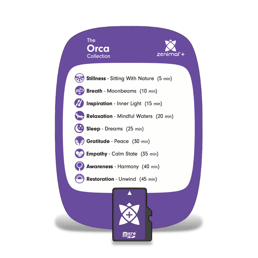 Purple Orca Collection card with micro SD card for Zenimal+. Nine tracks from Stillness, Sitting With Nature (5 min) to Restoration, Unwind (45 min), including Breath, Sleep, Gratitude and Empathy.
