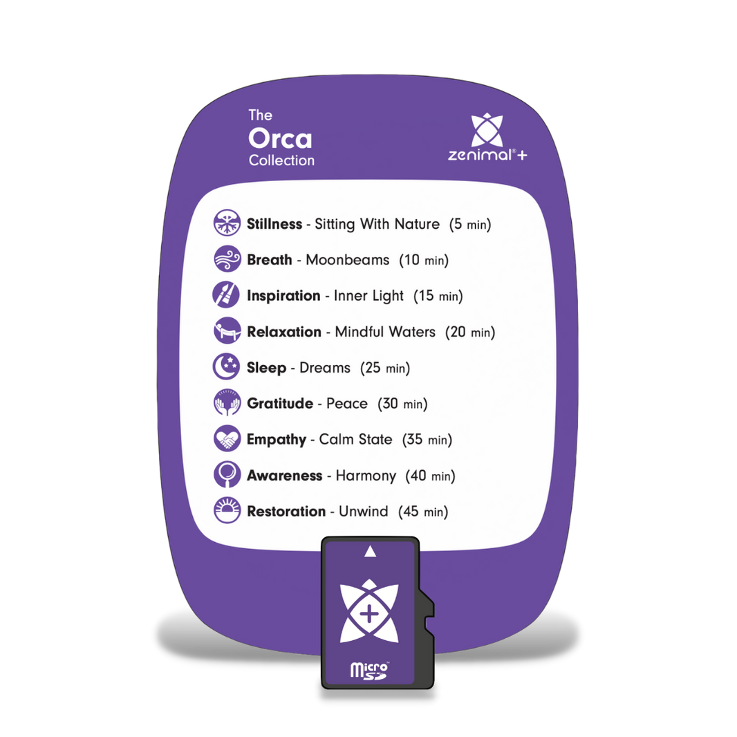 While guided meditations can be an awesome way to learn and cultivate a mindfulness practice, sometimes relaxing music can be just what the mind needs to settle into the moment with 10 different relaxing music tracks. The Orca card turns any Zenimal into a meditation timer. Simply select the desired time you wish to sit peacefully by pressing the coinciding meditation button and relaxing music will play for that amount of time.