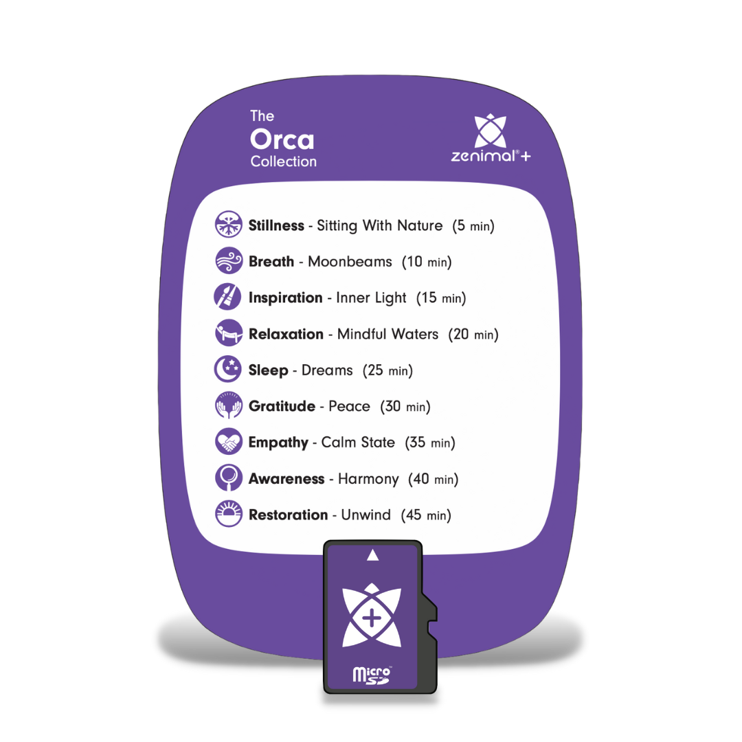 While guided meditations can be an awesome way to learn and cultivate a mindfulness practice, sometimes relaxing music can be just what the mind needs to settle into the moment with 10 different relaxing music tracks. The Orca card turns any Zenimal into a meditation timer. Simply select the desired time you wish to sit peacefully by pressing the coinciding meditation button and relaxing music will play for that amount of time.