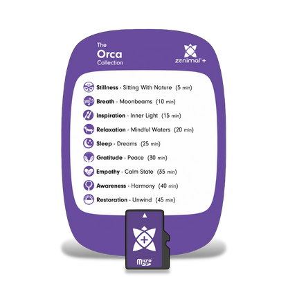 While guided meditations can be an awesome way to learn and cultivate a mindfulness practice, sometimes relaxing music can be just what the mind needs to settle into the moment with 10 different relaxing music tracks. The Orca card turns any Zenimal into a meditation timer. Simply select the desired time you wish to sit peacefully by pressing the coinciding meditation button and relaxing music will play for that amount of time.