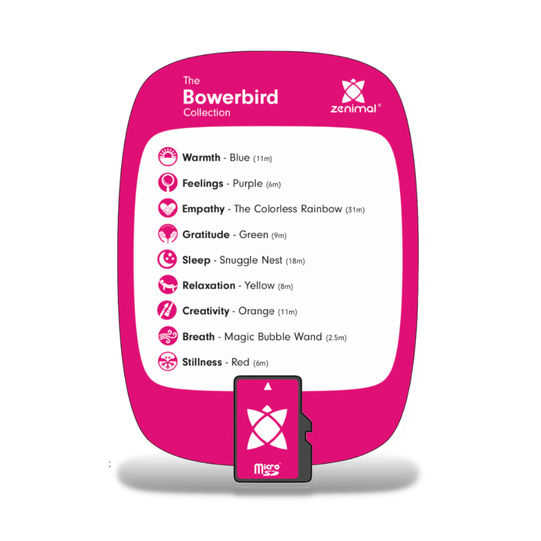 Bowerbirds are known for creating elaborate, colorful sculptures using flowers, shells, feathers, berries, and other found objects. Spark your bowerbird’s creativity through nine meditations that explore color and imagination. Simply insert the memory card into your Zenimal and enjoy these calming and peaceful tracks.