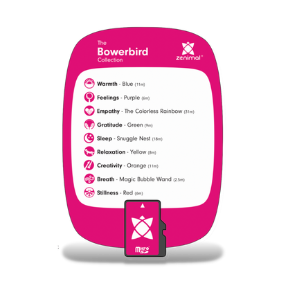 Bowerbirds are known for creating elaborate, colorful sculptures using flowers, shells, feathers, berries, and other found objects. Spark your bowerbird’s creativity through nine meditations that explore color and imagination. Simply insert the memory card into your Zenimal and enjoy these calming and peaceful tracks.