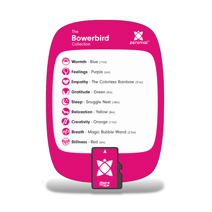 Bowerbirds are known for creating elaborate, colorful sculptures using flowers, shells, feathers, berries, and other found objects. Spark your bowerbird’s creativity through nine meditations that explore color and imagination. Simply insert the memory card into your Zenimal and enjoy these calming and peaceful tracks.