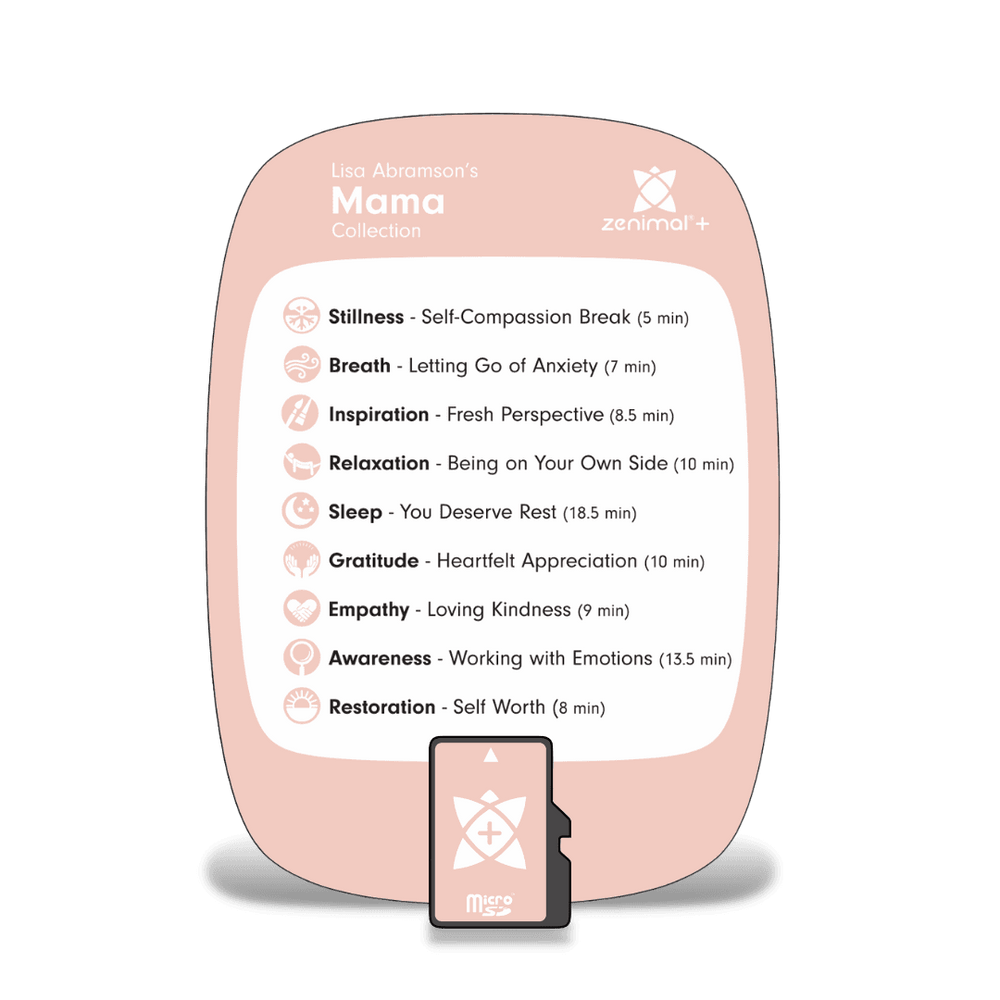 Lisa Abramson's Mama Collection card for Zenimal+ in blush pink with a micro SD card, listing nine meditations such as Self Compassion Break, Letting Go of Anxiety and You Deserve Rest