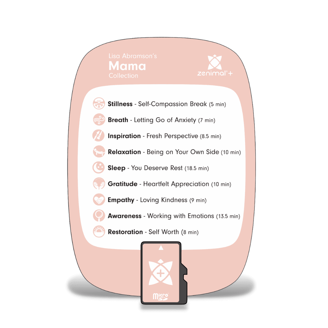 Lisa Abramson's Mama Collection card for Zenimal+ in blush pink with a micro SD card, listing nine meditations such as Self Compassion Break, Letting Go of Anxiety and You Deserve Rest