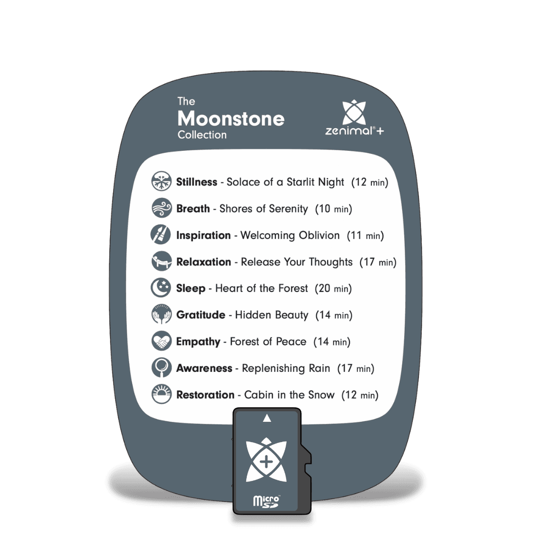 Slate gray Moonstone Collection card for Zenimal+ with micro SD card, listing nine tracks from Stillness, Solace of a Starlit Night, to Restoration, Cabin in the Snow