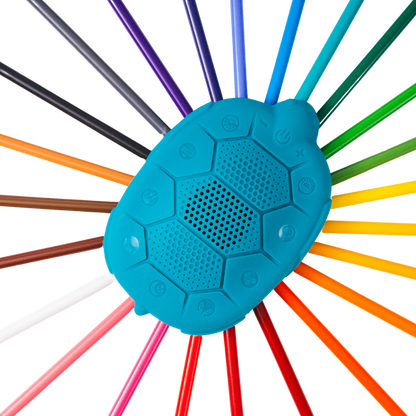 Zenimal Kids + and sleep sound machine to help kids sleep better, focus, and gain self regulation.  Zenimal Kids on a rainbow of colored pencils. 