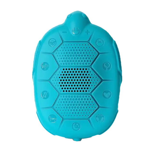 Zenimal Kids+ seen from above, a teal turtle with eight buttons around its shell, a power button at the top and a sleep button at the bottom